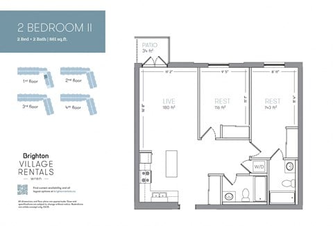Floor plan for 2 beds, 2 baths, 861 sqft